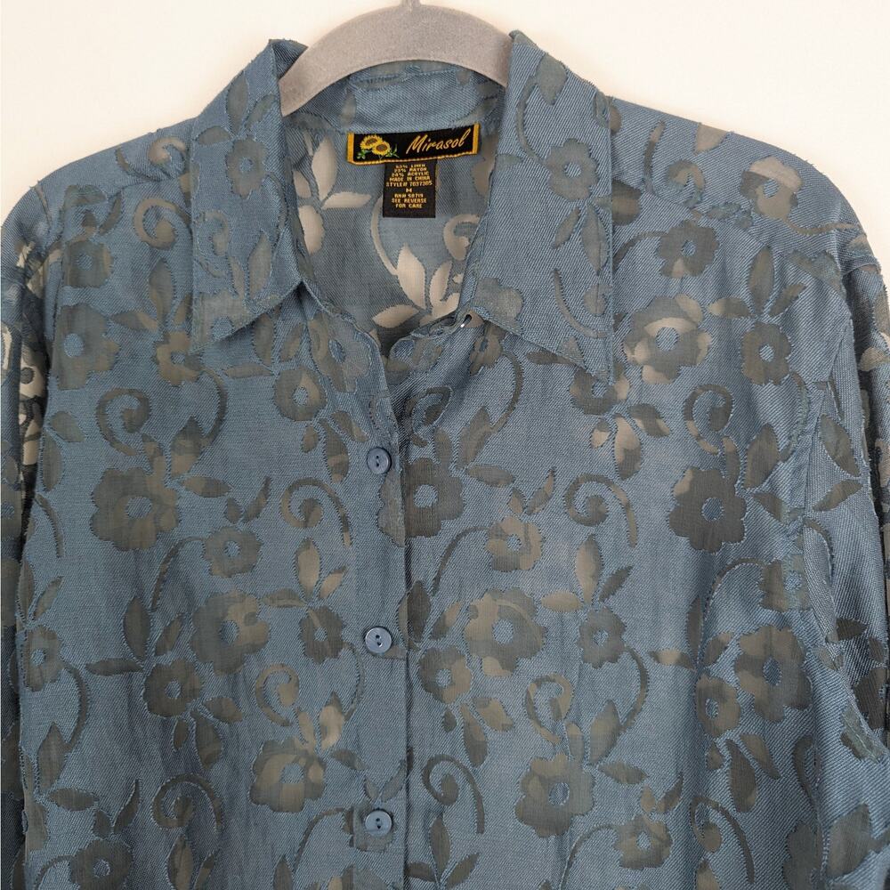 Vintage Mirasol Teal Sheer Floral Cut Out Linen Blend Button Down Blouse Medium - Picture 2 of 7